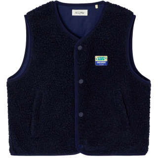 American Vintage Hoktown Teddy bodywarmer Navy vooraanzicht met drukknopen en borstpatch.
