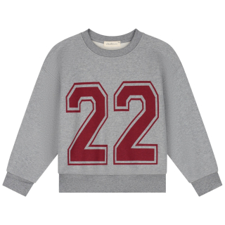 Charlie Petite Sweater Jones Grey Melange met grote rode 22-print, voorkant van de comfortabele unisex sweater.
