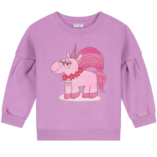 Daily Brat Sweater Sassy Unicorn Paars voor meisjes met roze unicornprint en pofmouwen
