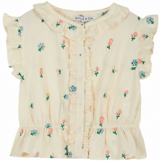 Emile Et ida Top Creme/Groen/Roze Bloemen Ruffle