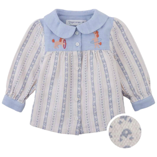 Gingersnaps Blouse Hester Gestreept Blauw Poedel met lichtblauwe kraag, bloemenprint en poedelborduursel.