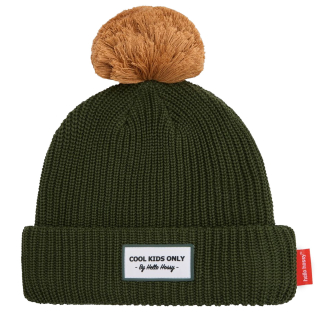 Hello Hossy Muts Groen Bruin Pom Block Forest met dennengroene omslagrand, bruine pompon en Cool Kids Only patch.