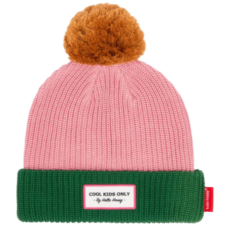 Hello Hossy Muts Roze Groen Pom Block Rosy met okerbruine pompon en groene omslagrand.