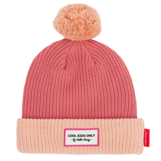 Hello Hossy Muts Roze Pom Block Blush met oudroze basis, lichtroze omslagrand en perzikkleurige pompon.