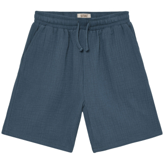 Huttelihut korte broek blauw van mousseline katoen met elastische tailleband en koordje.