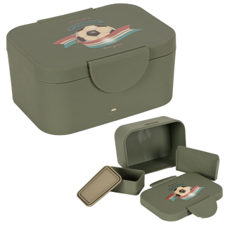 Vooraanzicht van de Konges Slojd Lunch Box Green Kick It in de kleur Green met de sportieve Kick It voetbalprint op het deksel.