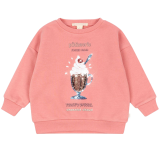 Konges Slojd Sweater Lou Pailletten Roze met chocolademelkprint aan de voorkant

