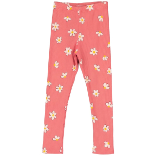Lotiekids Legging Bloemenprint Roze voor meisjes met witte madeliefjes, gele hartjes en fijne ribstructuur.