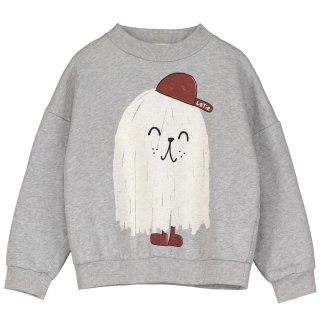 Lotiekids Sweater Good Monster Grijs met witte Good Monster print, bruin petje en geribde boorden.