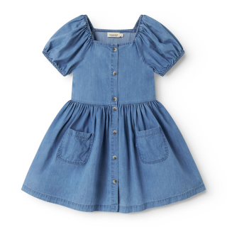 MarMar Copenhagen jurk blauw denim meisjesjurk met pofmouwen en knoopsluiting