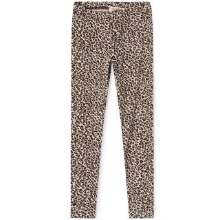 Voorzijde van de MarMar Copenhagen Leo legging Dark Brown met panterprint op een lichtbeige ondergrond.