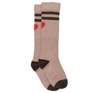 MP Denmark Glitter Kniekous Elga Roze Rose Grey met rood hartdetail, donkere strepen en subtiele glitter