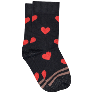 MP Denmark Sok Ada Hartjes Blauw Tomato met rode hartjes, contrasterende strepen en glitterdetails.