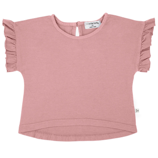 Roze katoenen T-shirt van One More In The Family met ruffle mouwen en ronde hals