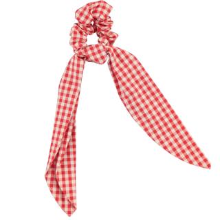 Piupiuchick scrunchie rood crème ruiten met lange linten op witte achtergrond
