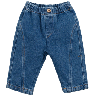 Play Up Spijkerbroek Denim Blauw Baby met elastische taille, sierknoop en deelnaden over de pijpen.