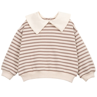 Play Up Sweater Gestreept Met Kraag Beige Bruin met lange mouwen, geribde boorden en contrasterende creme kraag.