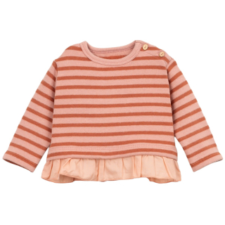 Play Up Sweater Gestreept Roze Ruches met schouderknoopjes, lange mouwen en horizontale roze strepen.