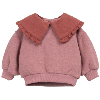 Play Up Sweater Met Kraag Roze met grote contrasterende rucheskraag, pofmouwen en geribde boorden.