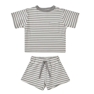 Quincy Mae T-shirt Met Korte Broek Grijs/Creme Strepenprint
