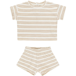 Quincy Mae Set T-Shirt Met Korte Broek Creme/Bruin Strepen Badstof Ivory
