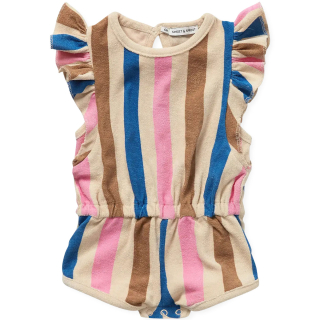 Sproet & Sprout jumpsuit baby met verticale strepen in bruin, roze en blauw van zachte badstof