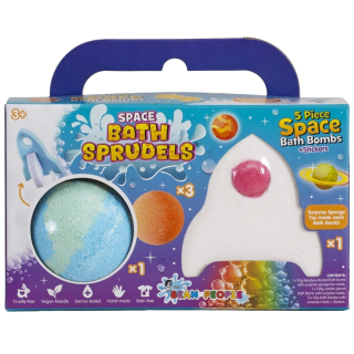The Bean People Space Bath Bomb 5-Pack Bruisballen met Verrassing in de originele verpakking met ruimteraket, planeetbruisballen en verrassingssponsjes.