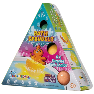 The Bean People Bath Sprudels 6-Pack Kinder Bruisballen met Badspeeltje in de kleurrijke driehoekige verpakking met zes surprise bath bombs.