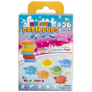 The Bean People Colour Bath Pops 36-Pack gekleurde bad bruistabletten in de originele verpakking met 36 kleurrijke badtabletten.
