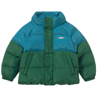 Tiny Cottons Winterjas Color Block Groen Blauw met gewatteerd model, hoge kraag en drukknopen