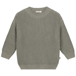 Yuki groene chunky trui Sage met geribde hals en grove breistructuur.