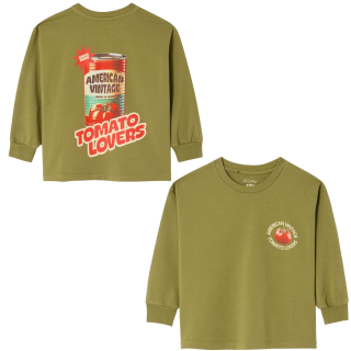 Groene American vintage longsleeve voor kids met kleine Tomato Lovers borstprint en relaxed fit.