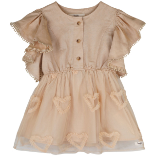 Baje Studio meisjes jurk Denia creme fawn met roze tule hartjes en ruffle mouwen