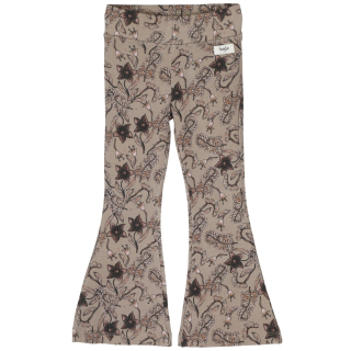 Baje Studio Mare broek rose cafe elastische taille voor meisjes met een verfijnde botanische print, uitlopende pijpen en een stijlvolle vintage uitstraling.