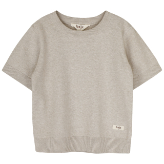 Beige gebreid jongens T-shirt Baje Studio Cruz met ronde hals en ribboorden