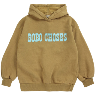 Bobo Choses Pop Hoodie bruin voorkant plat gefotografeerd met lichtblauw logo
