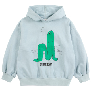 Bobo Choses Hoodie Long Puff blauw voorkant plat gefotografeerd met Monster thema print