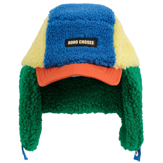 Bobo Choses teddy chapka voor baby's in blauw, geel en groen met oranje klep, lange oorflappen en logolabel