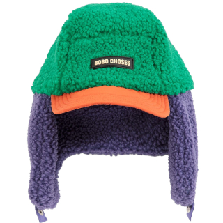 Bobo Choses teddy chapka voor baby's in groen en paars met oranje klep, lange oorflappen en logolabel



