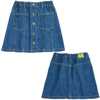 Blauwe Bobo Choses Booo Bo Tag denim rok met knoopsluiting, opgestikte zakken en gele contraststiksels