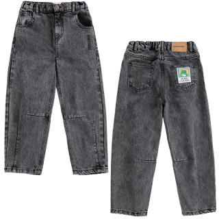 Bobo Choses Beast Tag spijkerbroek zwart voor- en achterkant plat gefotografeerd met denim wassing