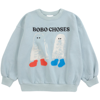 Bobo Choses Booty Ghosts sweater blauw voorkant plat gefotografeerd met ghost-print