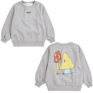 Bobo Choses Mush Monster Duo sweater grijs voor- en achterkant plat gefotografeerd met paddenstoelenprint