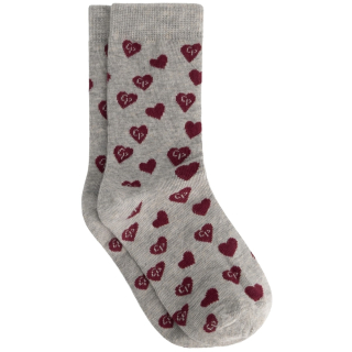 Charlie Petite Seven Socks Grey Melange with Bordeaux met speelse bordeaux hartjesprint op de grijs melange kindersokken.
