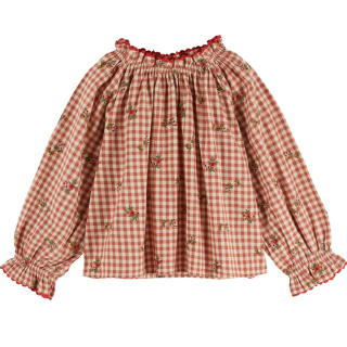 Emile et Ida meisjesblouse Vichy Broderie rood-crème met ruitjes en geborduurde bloemen