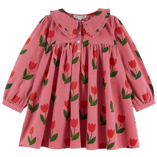 Emile et Ida Jurk Grande Tulipe roze voor meisjes met grote rode tulpenprint en volantkraag