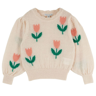 Emile et Ida Trui Intarsia Tulipe Rose crème voor meisjes met ingebreide roze tulpen en groene bladeren