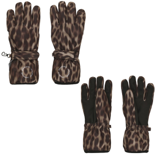 En Fant Handschoenen Pine Bark Bruin Panterprint model 240485 in kleur 2410 Pine Bark, overzicht met binnenzijde en zwarte gripzijde van de winterhandschoenen.