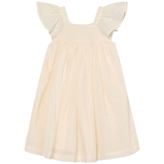 Enfant jurk creme met gesmokt bovenstuk en volantmouwen, perfect als zomerjurk voor meisjes.