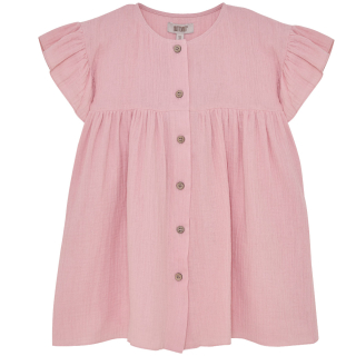 Huttelihut jurk roze ruffle voorkant met knoopsluiting en mousseline structuurstof